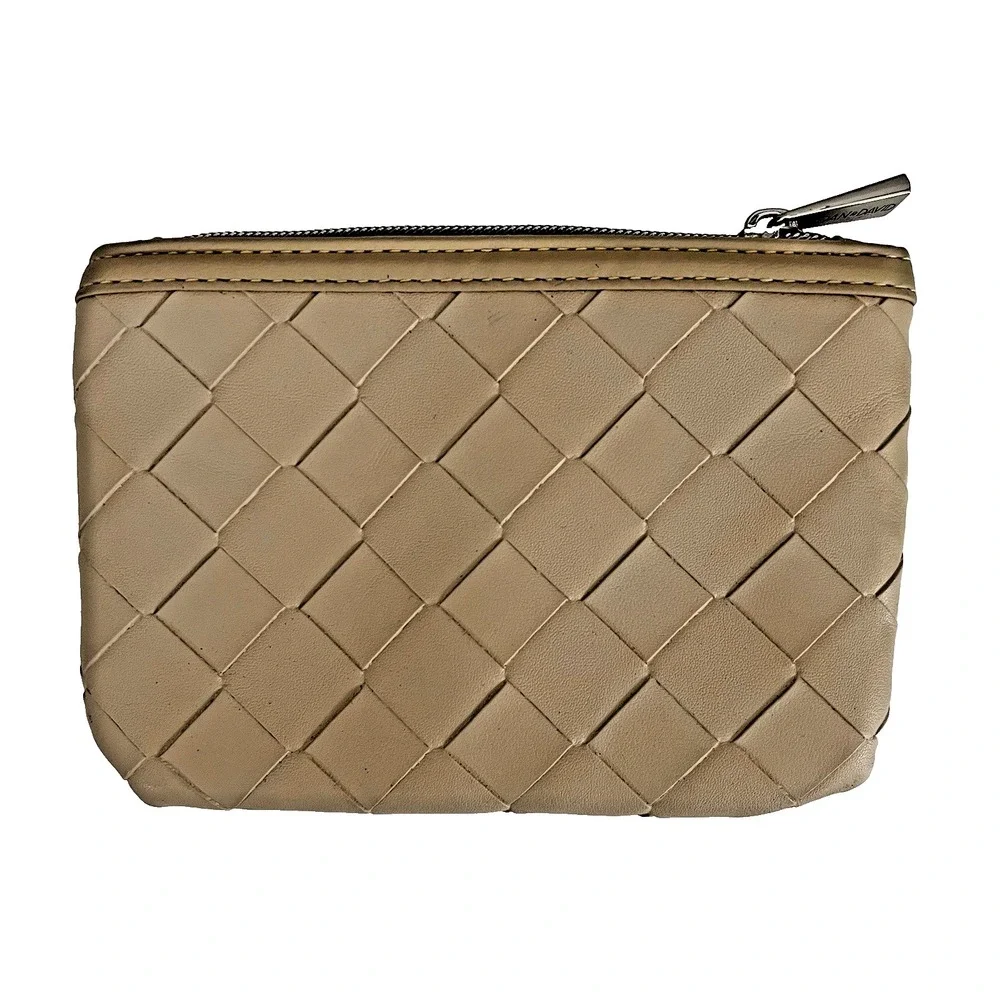 JOAN & DAVID Zippered Pouch Bag Camel Beige‎ Faux Leather Hot Pink Lining 6x8